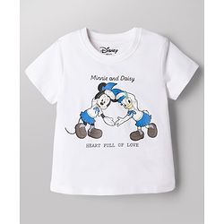 Babyhug Disney Single Jersey Knit Half Sleeves T-shirt and Jeans With Front and Back Minnie and Daisy Graphics - White & Blue
