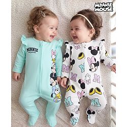 Babyhug Interlock Knit Full Sleeves Sleep Suit with Minnie & Friends Pack of 2 - White & Sea Green