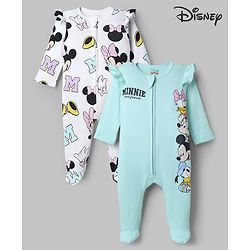 Babyhug Interlock Knit Full Sleeves Sleep Suit with Minnie & Friends Pack of 2 - White & Sea Green