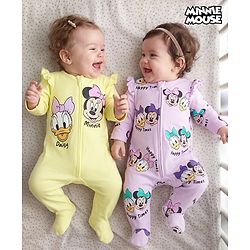 Babyhug Interlock Knit Full Sleeves Sleep Suit with Minnie & Friends Pack of 2 - Plum & Yellow