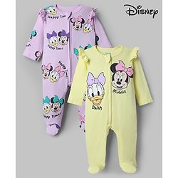 Babyhug Interlock Knit Full Sleeves Sleep Suit with Minnie & Friends Pack of 2 - Plum & Yellow
