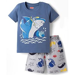 Babyhug Cotton Knit Half Sleeves T-Shirt & Shorts Night Suit With Shark Print - Blue