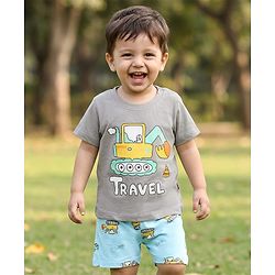 Babyhug 100% Cotton Knit Half Sleeves T-Shirt & Shorts Night-Suit With JCB Print - Grey