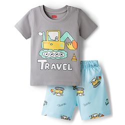 Babyhug 100% Cotton Knit Half Sleeves T-Shirt & Shorts Night-Suit With JCB Print - Grey