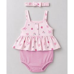 Babyhug 100% Cotton Interlock Knit Sleeveless Onesies With Floral Print & Hairband - Pink