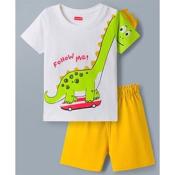 Babyhug Cotton Knit Half Sleeves T-Shirt & Shorts Night Suit with Dino Print & Applique - White