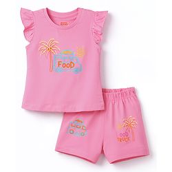Babyhug Cotton Knit Half Sleeves Top & Shorts Night-Suit With Tree & Food Truck Print - Pink