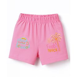 Babyhug Cotton Knit Half Sleeves Top & Shorts Night-Suit With Tree & Food Truck Print - Pink
