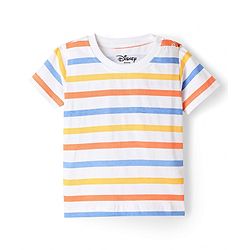 Babyhug Disney Single Jersey Knit Denim Half Sleeves Striped T-shirt and Denim Dungaree  With Mickey Mouse Graphic - Light Blue
