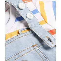 Babyhug Disney Single Jersey Knit Denim Half Sleeves Striped T-shirt and Denim Dungaree  With Mickey Mouse Graphic - Light Blue