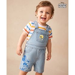 Babyhug Disney Single Jersey Knit Denim Half Sleeves Striped T-shirt and Denim Dungaree  With Mickey Mouse Graphic - Light Blue