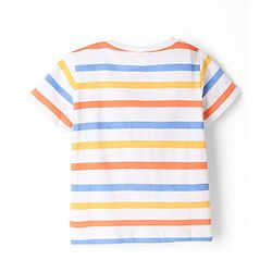Babyhug Disney Single Jersey Knit Denim Half Sleeves Striped T-shirt and Denim Dungaree  With Mickey Mouse Graphic - Light Blue