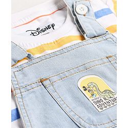 Babyhug Disney Single Jersey Knit Denim Half Sleeves Striped T-shirt and Denim Dungaree  With Mickey Mouse Graphic - Light Blue