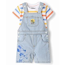 Babyhug Disney Single Jersey Knit Denim Half Sleeves Striped T-shirt and Denim Dungaree  With Mickey Mouse Graphic - Light Blue