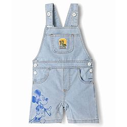 Babyhug Disney Single Jersey Knit Denim Half Sleeves Striped T-shirt and Denim Dungaree  With Mickey Mouse Graphic - Light Blue