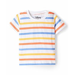 Babyhug Disney Single Jersey Knit Denim Half Sleeves Striped T-shirt and Denim Dungaree  With Mickey Mouse Graphic - Light Blue