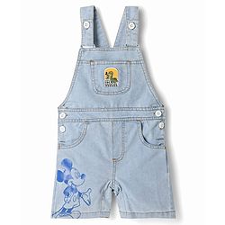 Babyhug Disney Single Jersey Knit Denim Half Sleeves Striped T-shirt and Denim Dungaree  With Mickey Mouse Graphic - Light Blue