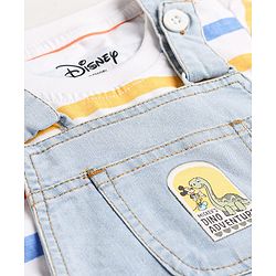 Babyhug Disney Single Jersey Knit Denim Half Sleeves Striped T-shirt and Denim Dungaree  With Mickey Mouse Graphic - Light Blue