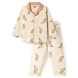 Babyhug Cotton Knit Full Sleeves Shirt & Pyjama Co-ord Night Suit with Dino Print - Brown