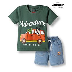 Babyhug Disney Half Sleeves T-Shirt & Denim Shorts With Mickey Mouse Graphics - Multicolor