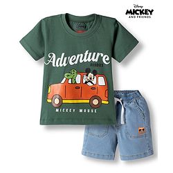Babyhug Disney Half Sleeves T-Shirt & Denim Shorts With Mickey Mouse Graphics - Multicolor