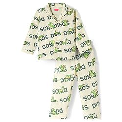 Babyhug Cotton Knit Full Sleeves Shirt & Pyjama Co-ord Night Suit with Dino Print - White