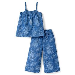 Babyhug Denim Woven Sleeveless Top & Pant Set With Floral Print - Blue