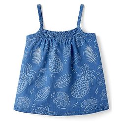 Babyhug Denim Woven Sleeveless Top & Pant Set With Floral Print - Blue