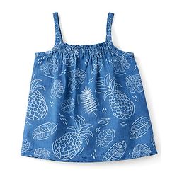 Babyhug Denim Woven Sleeveless Top & Pant Set With Floral Print - Blue