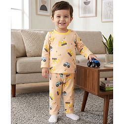 Babyhug Cotton Knit Full Sleeves Co-Ord T-Shirt & Pyjama Night Suit With JCB Print - Brown & Beige