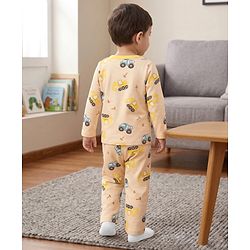 Babyhug Cotton Knit Full Sleeves Co-Ord T-Shirt & Pyjama Night Suit With JCB Print - Brown & Beige