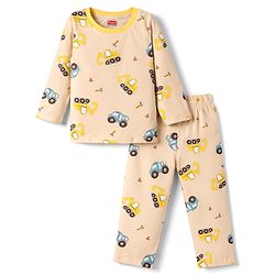 Babyhug Cotton Knit Full Sleeves Co-Ord T-Shirt & Pyjama Night Suit With JCB Print - Brown & Beige