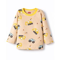 Babyhug Cotton Knit Full Sleeves Co-Ord T-Shirt & Pyjama Night Suit With JCB Print - Brown & Beige