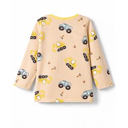 Babyhug Cotton Knit Full Sleeves Co-Ord T-Shirt & Pyjama Night Suit With JCB Print - Brown & Beige