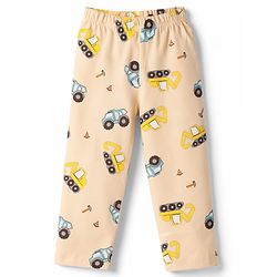 Babyhug Cotton Knit Full Sleeves Co-Ord T-Shirt & Pyjama Night Suit With JCB Print - Brown & Beige