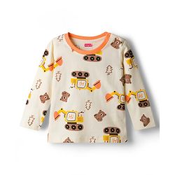Babyhug Cotton Knit Full Sleeves T-Shirt & Pyjama Co-ord Night Suit With Excavator Print - Brown