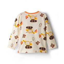 Babyhug Cotton Knit Full Sleeves T-Shirt & Pyjama Co-ord Night Suit With Excavator Print - Brown