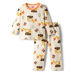 Babyhug Cotton Knit Full Sleeves T-Shirt & Pyjama Co-ord Night Suit With Excavator Print - Brown