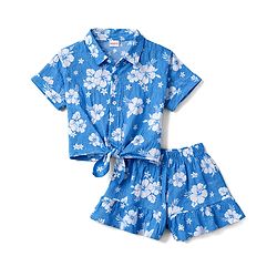 Babyhug Single Jersey Knit Half Sleeves Top & Shorts Co-ord Set with Floral Print - Blue