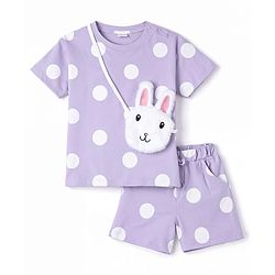 Babyhug Terry Knit Half Sleeves Top & Shorts Co-ord Set with Polka Dot Print & Sling Bag - Lavender