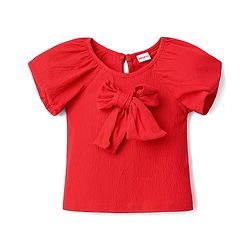 Babyhug Single Jersey Knit Half Sleeves Top & Skirt Set with Polka Dot Print & Bow Applique - Red & White