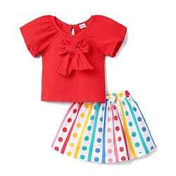 Babyhug Single Jersey Knit Half Sleeves Top & Skirt Set with Polka Dot Print & Bow Applique - Red & White
