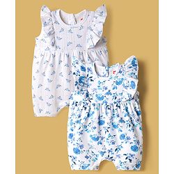 Babyhug 100% Cotton Knit Sleeveless Rompers with Floral Print Pack of 2 - Multicolor
