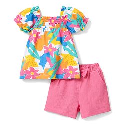 Babyhug Single Jersey Knit Half Sleeves Top & Shorts Set with Floral Print & Bow Applique - Multicolor