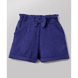 Babyhug Slub Jersey Knit Frill Sleeves Solid Top & Shorts Set with Bow Applique - White & Blue