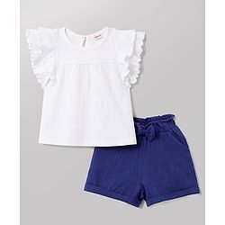 Babyhug Slub Jersey Knit Frill Sleeves Solid Top & Shorts Set with Bow Applique - White & Blue