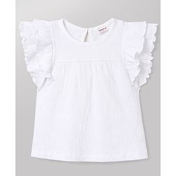 Babyhug Slub Jersey Knit Frill Sleeves Solid Top & Shorts Set with Bow Applique - White & Blue