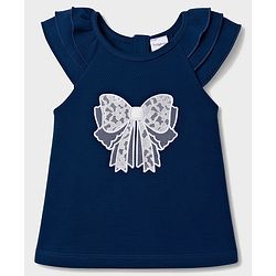 Babyhug 100% Cotton Popcorn Knit Sleeveless Top with Lace Bow Detailing - Navy