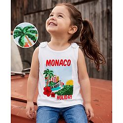 Babyhug 100% Cotton Knit Sequinned & Monaco Holiday Graphic Sleeveless Top with Knot Detailing - White
