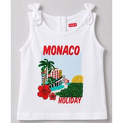 Babyhug 100% Cotton Knit Sequinned & Monaco Holiday Graphic Sleeveless Top with Knot Detailing - White